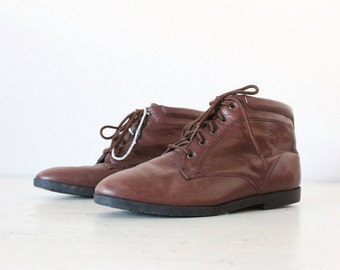 80's Chocolate Brown Leather Lace Up Ankle Boots Sz 6.5