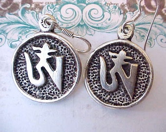 Pretty Pair of Vintage Earrings with Symbols in Little Asian Drawstring Bag