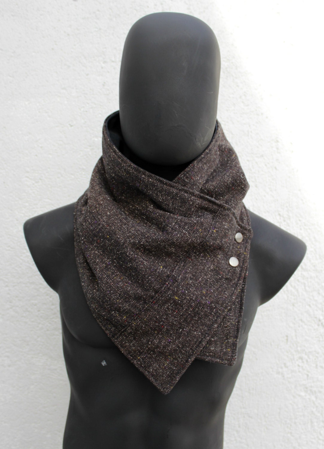 Vegan Scarf Flecked dark brown with metalic snaps . Unisex.