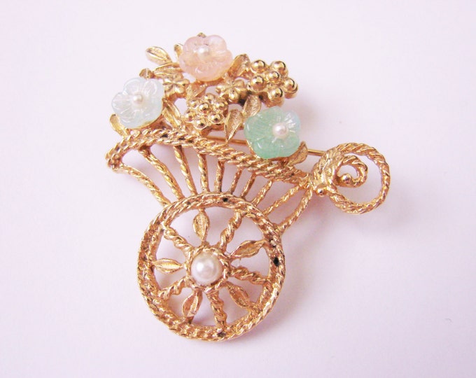 Vintage Flower Cart Brooch Pastel Molded Glass Flowers Pearls Retro