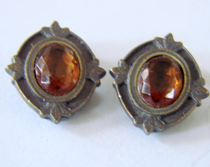 Vintage Faceted Topaz Glass Clip Earrings Bronze Patina Jewelry Jewellery