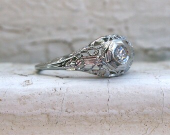 Sweet Vintage 18K White Gold Diamond Filigree Engagement Ring