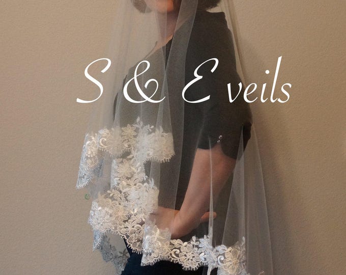 DROP Veil with LACE Applique edge, embellishments for any veil, chapel, hip,ivory and white colors, embroidery for veils, edge with lace