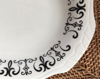 Large Oval Platter, Modern Black Filigree Scroll on Scalloped Rim, Homer Laughlin Best China, ca. 1972