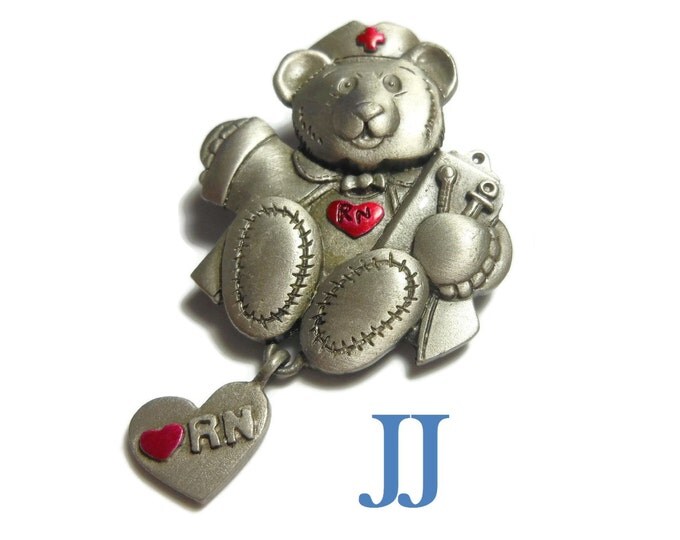 FREE SHIPPING Pewter nurse bear brooch, teddy as nurse, heart charm red enamel heart and RN on it, hat has red cross and red heart on chest