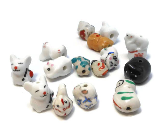 Porcelain animal beads, 20 piece lot, including bear pigs dogs mice chicken owl , ceramic small beads, animal farm Kawaii beads