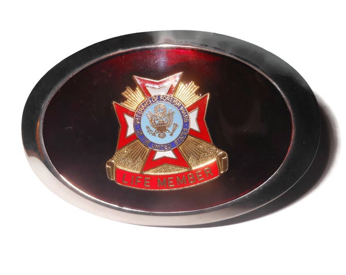 FREE SHIPPING VFW belt buckle, life member emblem, Veterans of Foreign Wars, Silver rim edge, red enamel reflective insert, red gold blue