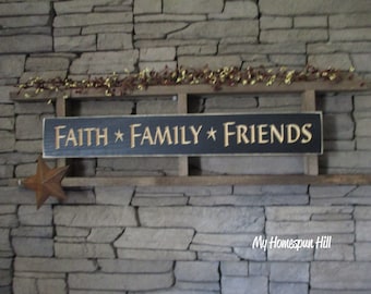 Hand Crafted Custom Rustic Country Primitive Ladder w/ Engraved Sign, Metal Barn Star(s) & Pip Berry Garland (Faith Family Friends)