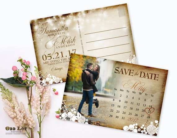 Rustic Save the Date Postcard Printable Calendar Photo Save the Date Rustic Wedding Floral Invitation String Lights Wedding Country Invite Il_570xn