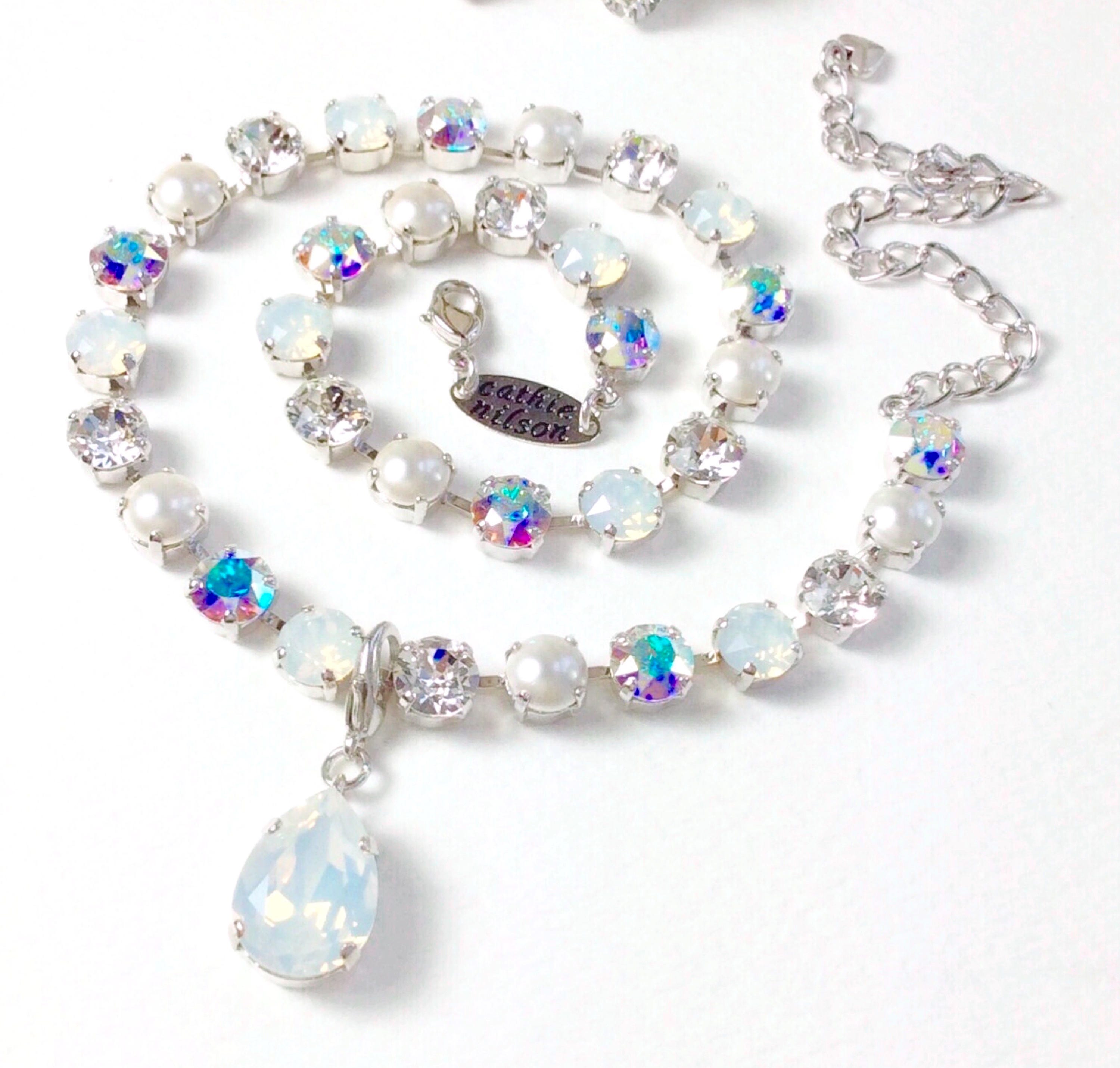 Swarovski Crystal 8.5mm Necklace "Bridal Whites" with Pearls - White Opal, AB, Crystal & Pearls - Designer Inspired - FREE SHIPPING