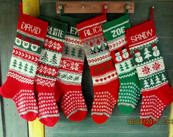 Knit Christmas Stocking Personalized Wool Hand knit Cranberry Red Green Grey White Deer Snowmen Santa Gnomes Snowflake decoration gift