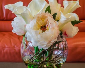 Large White Finest Silk Peony Real Touch Calla Lily Round Glass Vase Artificial Faux Arrangement for Home Decor