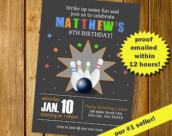 FAST EMAIL DELIVERY! Bowling invitation, Bowling birthday invitation, Bowling party invitation, Chalkboard Invitation, Printable jpeg pdf
