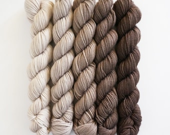 Party of Five mini skeins by Sweetgeorgia Yarns, Cobblestone colour way of ivory, beige and brown, 3 ply sock yarn merino wool