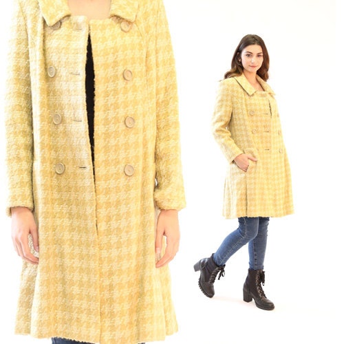 Vintage 60s coat yellow herringbone tweed wool double