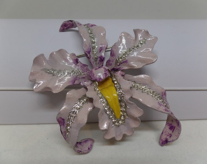 Fabulous Vintage Enamel and Crystal Potmetal Orchid Brooch