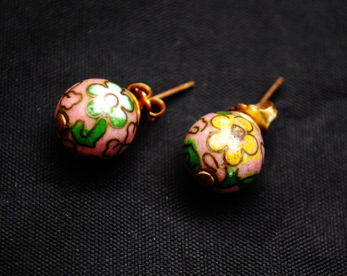 Pink Cloisonne Earrings - Flower - Round Stud - green yellow white gold floral pierced earring