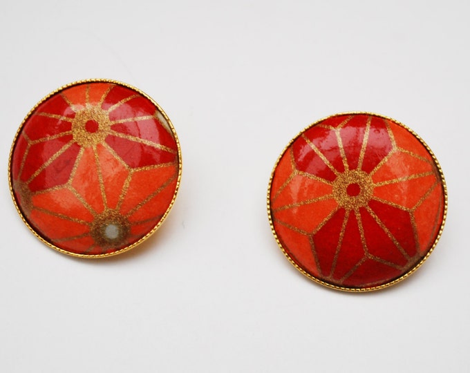 Orange Brooch pendant Earring Set - Red gold - Mod modern - pierced earrings - Geometric Flower Floral - Round - Vintage jewelry