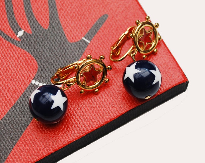 Red white Blue star dangle earrings - Patriotic - enamel gold - Drop - clip on earrings