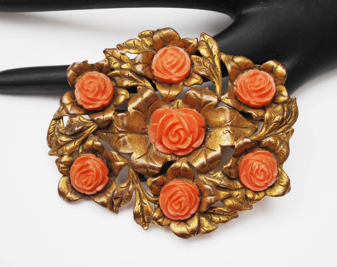 Large Coral celluloid flower Brooch - Golden Brass - leaf Floral - Art Nouveau Pin