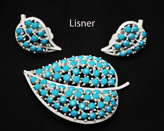 Lisner Leaf Brooch and earring Set - Light turquoise Blue - glass Rhinestone - white enamel Mid Century