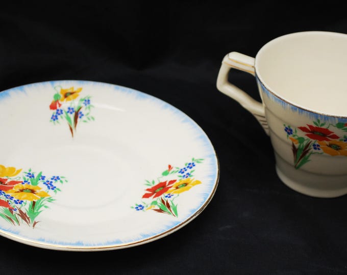 H & K Tunstall Tea cup and Saucer - Made in England - Flower - blue red orange green - shabby chic