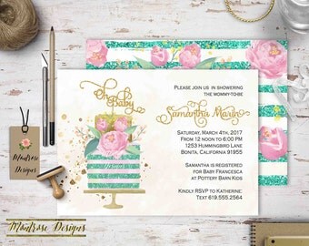 Oh Baby, Couture Cake Baby Shower Invitation. Gold Cake Topper, Gold and Teal, Floral, Glam Baby Shower Invitation, Sparkle DIGITAL FILE