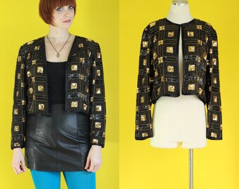 Vintage 80s 90s Black Sequin Jacket - Formal Jacket - Embellished Jacket - Metallic Gold Sequin Jacket - Beaded Jacket - Cropped Jacket