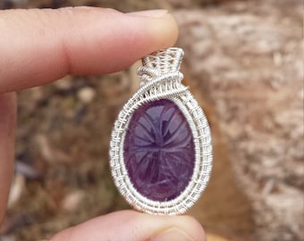 Carved Amethyst Fine Silver Wire Wrapped Pendant