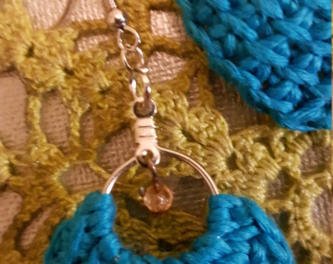 Pretty Handmade Ocean Blue Tunisian Crochet Earrings 2 Inch Drop