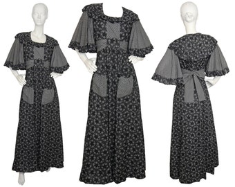 Gina Fratini 1970s Vintage Boho Maxi Peasant Dress Black White Floral Print Ruffles Angel Sleeves US Size 8 Medium