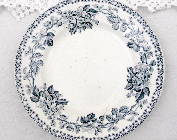 2 Antique French H.B.C.M China Dessert Plates with Dark Blue Transferware Wild Rose Pattern, Chateau, Chic, French Country Decor, Cottage