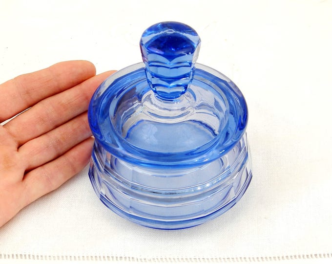 Vintage Czech Blue Glass Art Deco Style Lidded Powder Pot / Bonbonniere, Bohemian Glass Jar, Azur Decor, Eastern European, Czechoslovakia