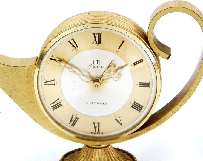 Working Vintage Alarm Clock, Swiss Swiza Mid Century 7 Jewels Gold 1950s Mechanical Wind-up Clock, Retro Bedroom Decor, Brocante Timepiece
