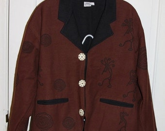 Kokopelli Jacket, Native American blazer, 1970s Women's Cotton Jacket, brown & black jacket, Venus Imports, Size Large, Kokopelli clothing
