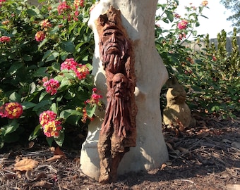 Original 14" hand carved wood spirit gnome elf cottonwood bark wooden sculpture mystical woodland folk art rustic home decor collectible