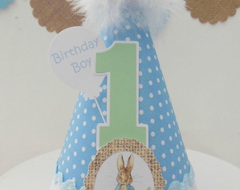 Peter Rabbit Birthday Party Hat - My First Easter - Blue and White Polka Dot, Burlap, Mint Green - Personalized