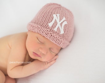 NY Yankees Baby Hat, Pink Newborn Yankees Beanie, Knit NY Yankees Baby Girl Hat, Great Photography Prop