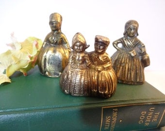 Collection of Vintage Solid Brass Lady Bells - Dutch Boy and Girl Bells - Set of 3 - Dinner Bells - Figural Bells - Hand Bell - Desk Bells