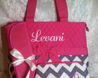 Hot Pink with Gray Chevron Diaper Bag, Zipper Pouch & Changing Pad with Monogram Diaper Bag and Accessory Bag, Hot Pink Chevron Diaper Bag