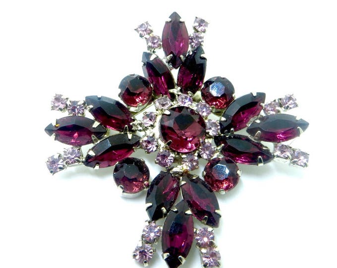 Rhinestone Maltese Cross Brooch, Vintage Malta Cross Pin, Purple Pendant, Navette Stones, Sparkling Beauty