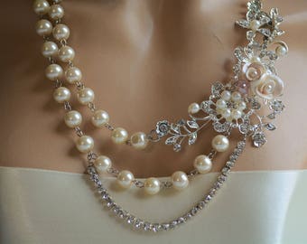 Bridal statement necklace, Bridal pearl necklace, Swarovski crystal necklace, Wedding jewelry, Crystal necklace, Vintage glamour necklace