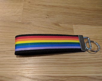 Key fob, keychain, wristlet, keyfob - black with rainbow stripe