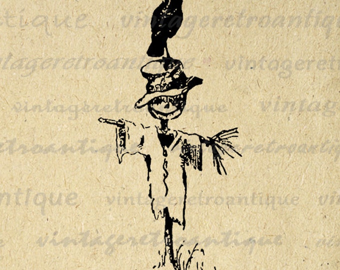 Scarecrow Digital Printable Graphic Crow Bird Image Download Antique Clip Art Jpg Png Eps HQ 300dpi No.164