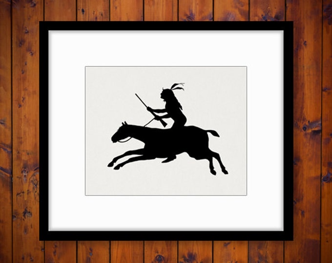 Native American Indian Riding Horse Silhouette Printable Graphic Image Digital Download Vintage Clip Art Jpg Png Eps HQ 300dpi No.3334