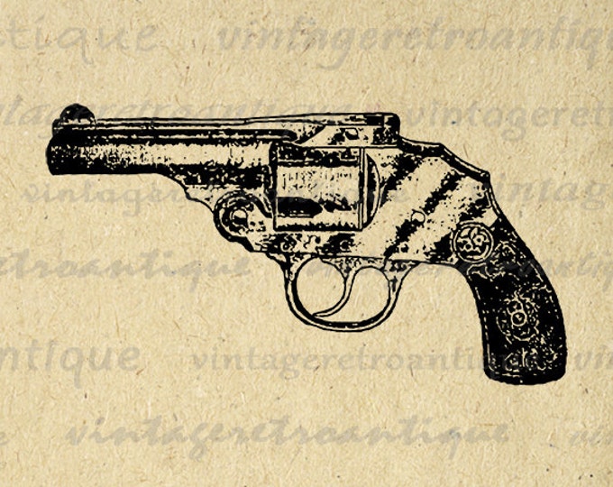 Antique Revolver Gun Digital Graphic Printable Pistol Image Download Vintage Clip Art Jpg Png Eps HQ 300dpi No.1303