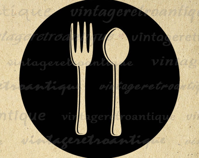 Digital Printable Fork and Spoon Graphic Silverware Download Food Kitchen Restaurant Image Antique Clip Art Jpg Png HQ 300dpi No.4536