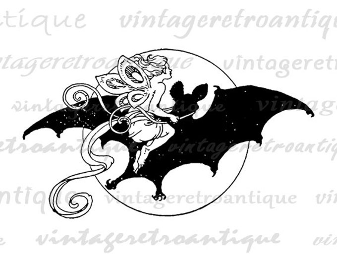 Digital Image Fairy Riding Bat Download Printable Graphic Artwork Vintage Clip Art for Transfers Making Prints etc HQ 300dpi No.2906