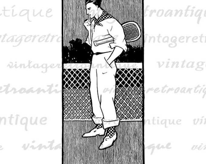 Vintage Tennis Player Digital Image Graphic Download Tennis Printable Antique Clip Art Jpg Png Eps HQ 300dpi No.4178