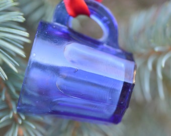 Vintage Cobalt Blue Glass Cup Ornament Arched Panels